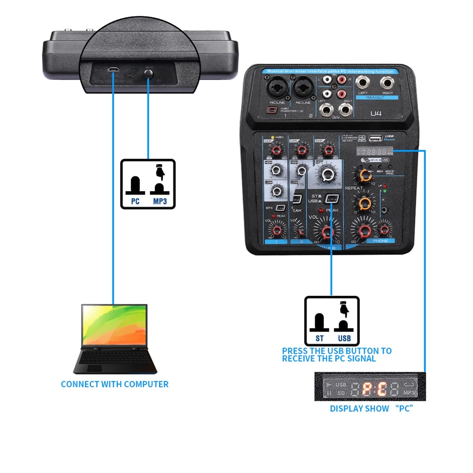 Attrezzatura per DJ per Feste Canale della Serie 4/6 DJ Mixer Multifunzionale Mixer Audio Mixer di Registrazione for Computer(U4black)