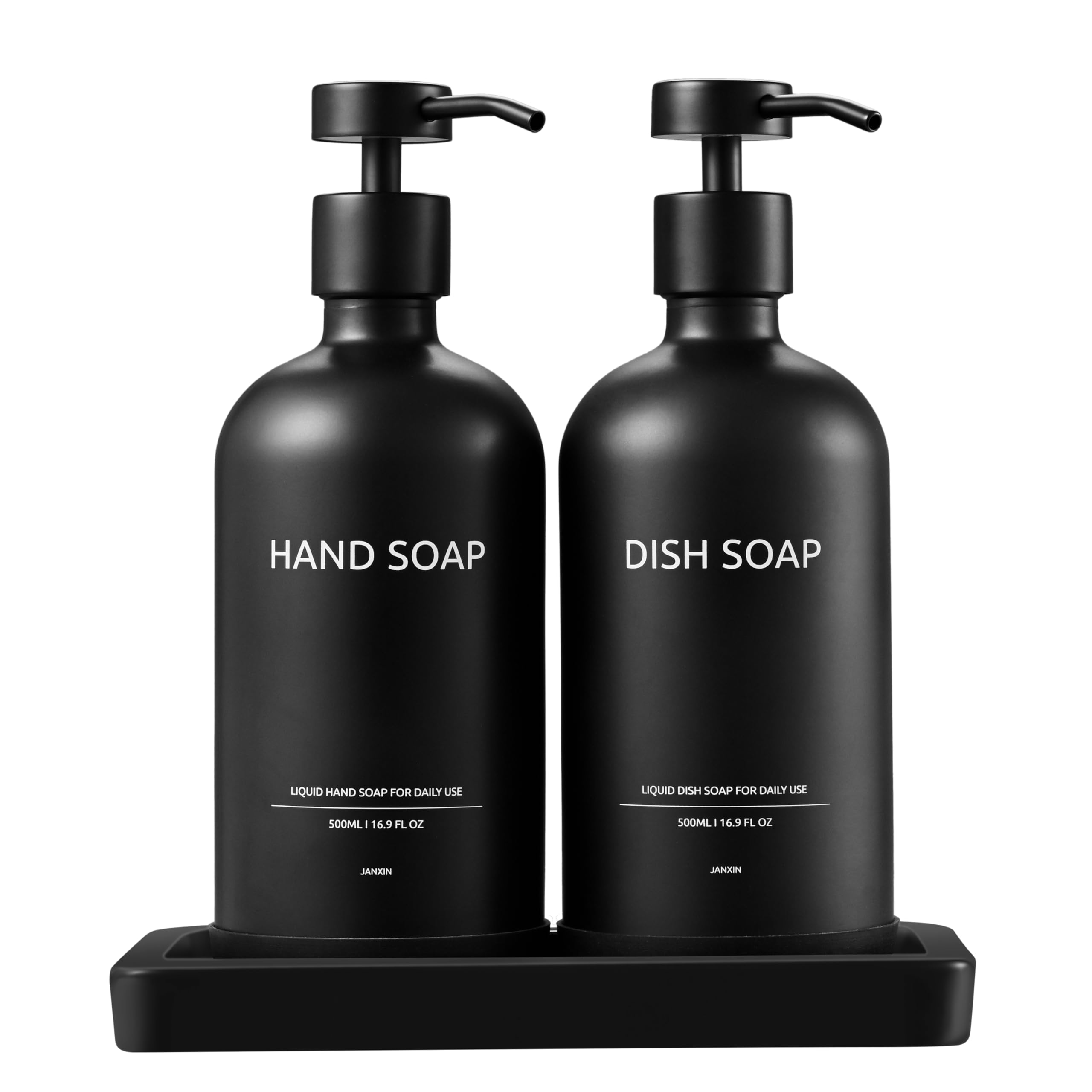Janxin Glass Kitchen Soap Dispenser Set with Ceramic Tray,16.9 floz Hand and Dish Soap Dispenser for Kitchen and Bathroom Decor (Black Bottles +Black