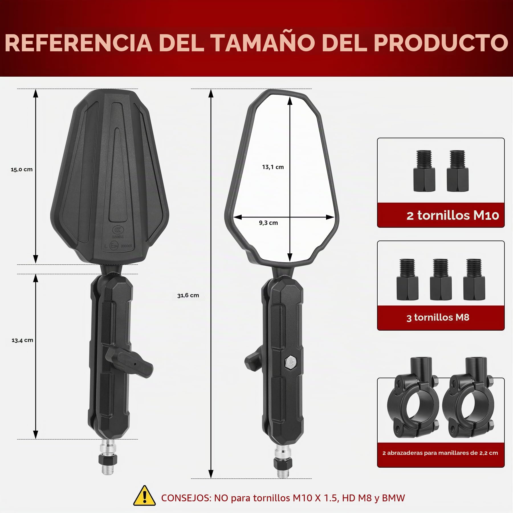 Heart Horse E24 Espejos Retrovisores Moto Homologados, Universal Espejo Retrovisores Moto con Tornillos de 8 mm y 10 mm, Plegable Espejo Moto Lateral para ATV Scooters Aventure Street Bike