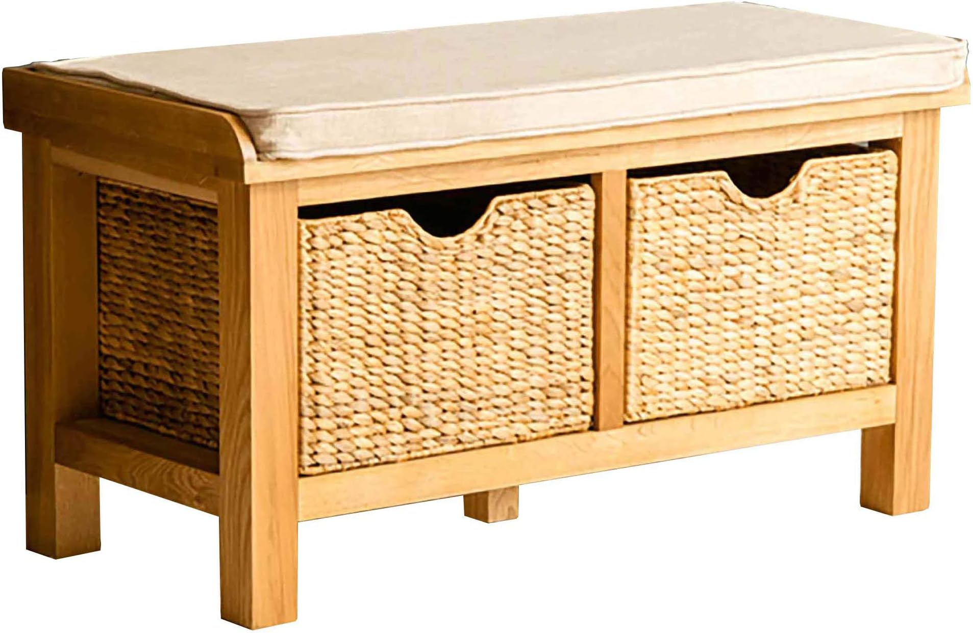 RoselandFurniture London Oak Hallway Bench With Baskets | Contemporary Country Solid Wooden Shoe Storage Unit for Hall or Kitchen, Fully Assembled, 90 x 49 x 42 cm