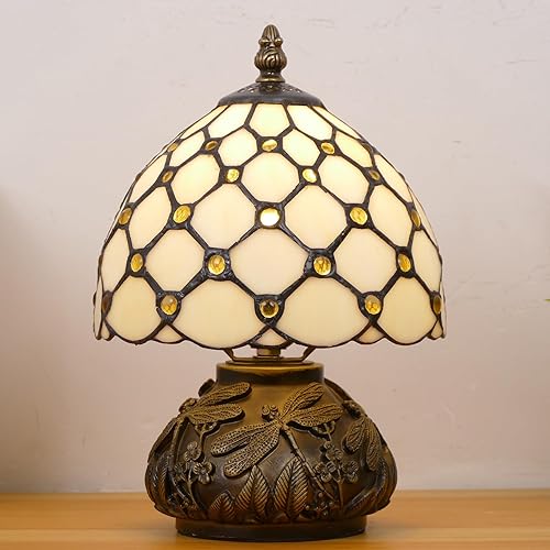 Miniatura 5 de Pequeña lámpara Tiffany Mini lámpara de mesa de vidrieras crema ámbar perla estilo hongo memoria memoria lámpara de condolencias 8 x 11 pulgadas
