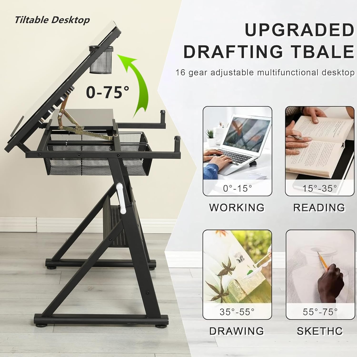 Drafting Table with Stool, Hand Crank Adjustable Height Drawing Table Art Table Painting Table Art Craft Desk with 0-75° Tilting Glass Tabletop and Storage Drawers (Upgraded-Black)