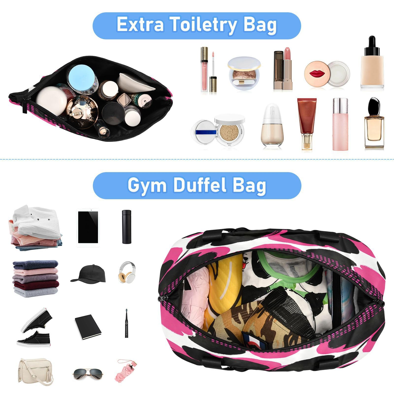 Reisetaschen mit schwarzem und rosa Blumenmuster, 2-teiliges Set, Reisetasche, Handgepäcktasche mit verstellbarem Gurt, für Geschäftsreisen