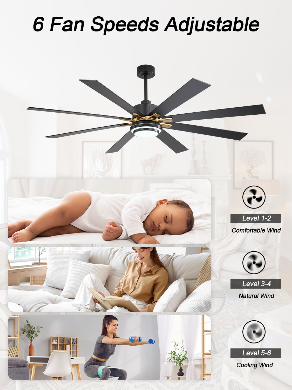 72 Inch Black and Gold Ceiling Fan with Lights Modern Fandelier Ceiling Fan Gold Chandelier with Lights and Remote, Reversible Quiet 3CCT, 8 Dual Blades 6 Speeds for Indoor Outdoor