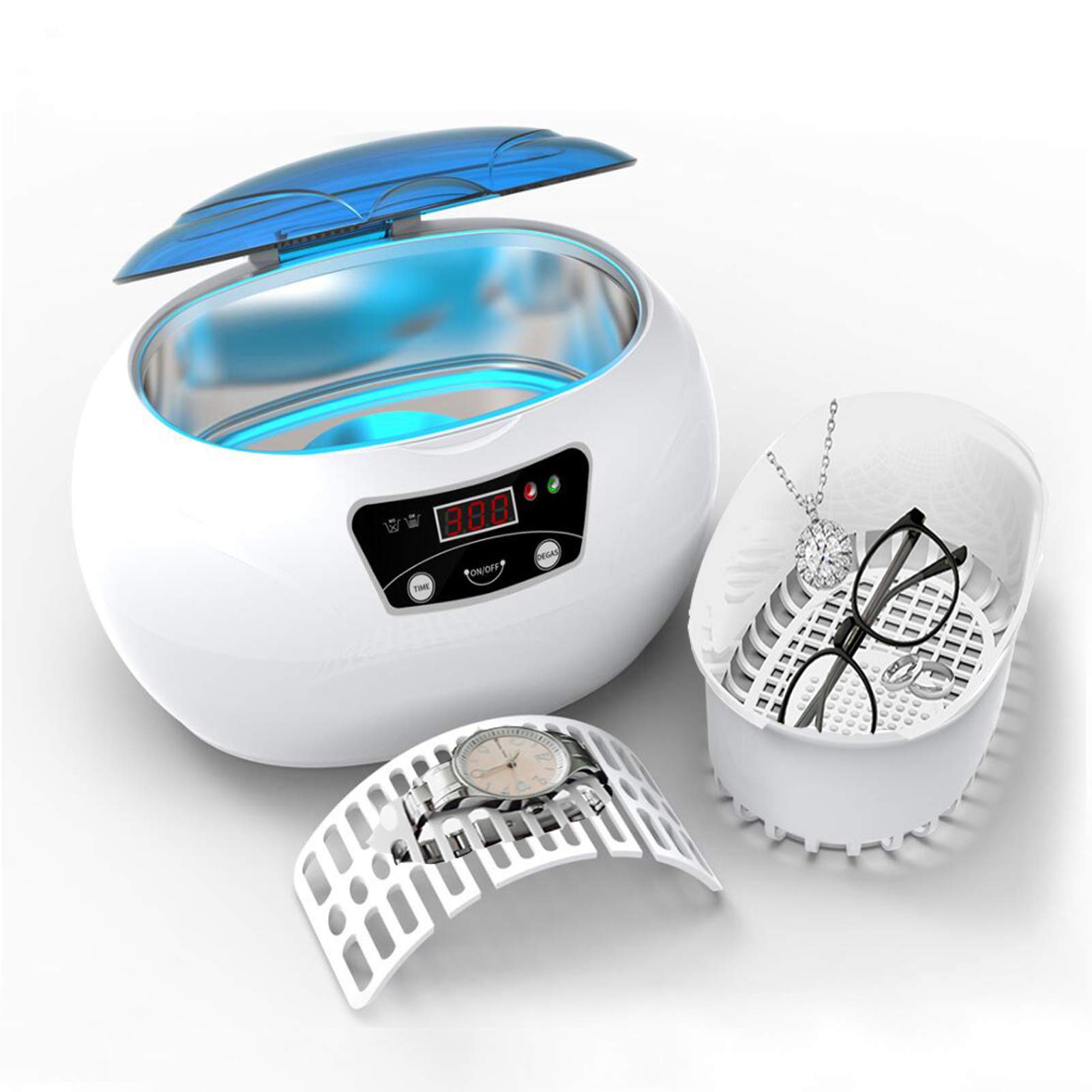 JHM-Limpiador Ultrasónico Gafas Profesional 600Ml,Limpiador de Baño de Joyería Ultrasónico 43Khz con Canasta de Limpieza Soporte para Reloj Temporizador Digital