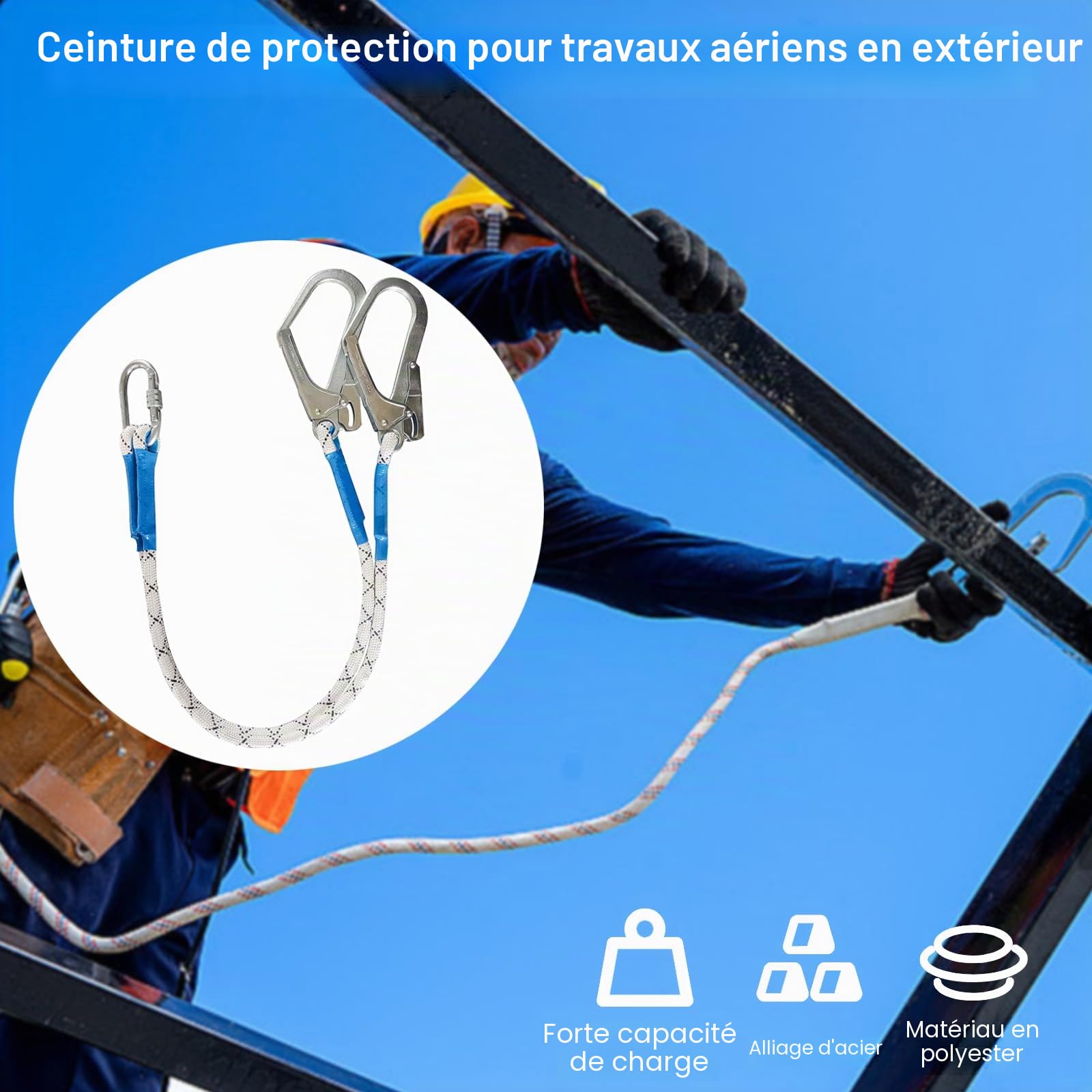 Corde de sécurité anti-chute, sangles de récupération, corde anti-chute de 2 m avec 2 mousquetons en acier allié et amortisseur de chute, convient pour l'escalade rocheuse en plein air, l'escalade des