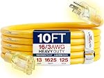 50ft Corde d'extension extérieure/intérieur 10/3 Gauge Ultra Lourds 3 Plonger SJTW, Cord à longue puissance résistant au froid, étanche, flexible,15A 125V 1875W, Jaune par LifeSupplyUSA