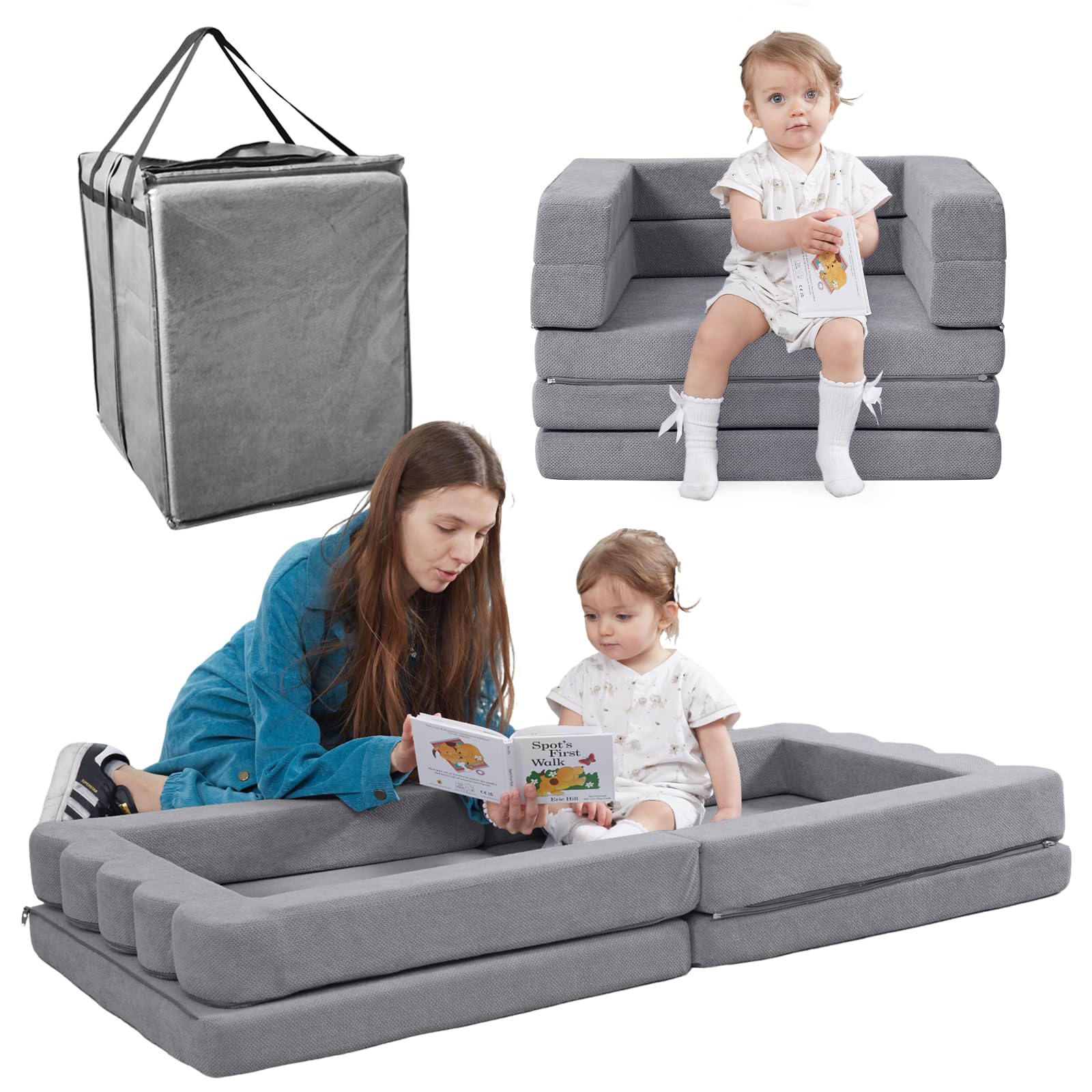 Portable Toddler Travel Bed|3-in-1 Convertible Sofa Bed High-Density Foam Floor Lounger for Kids,Collapsible Napmat with Waterproof Handbag,Foldable Sofa Chair for Camping,Indoor and Outdoor,Gray
