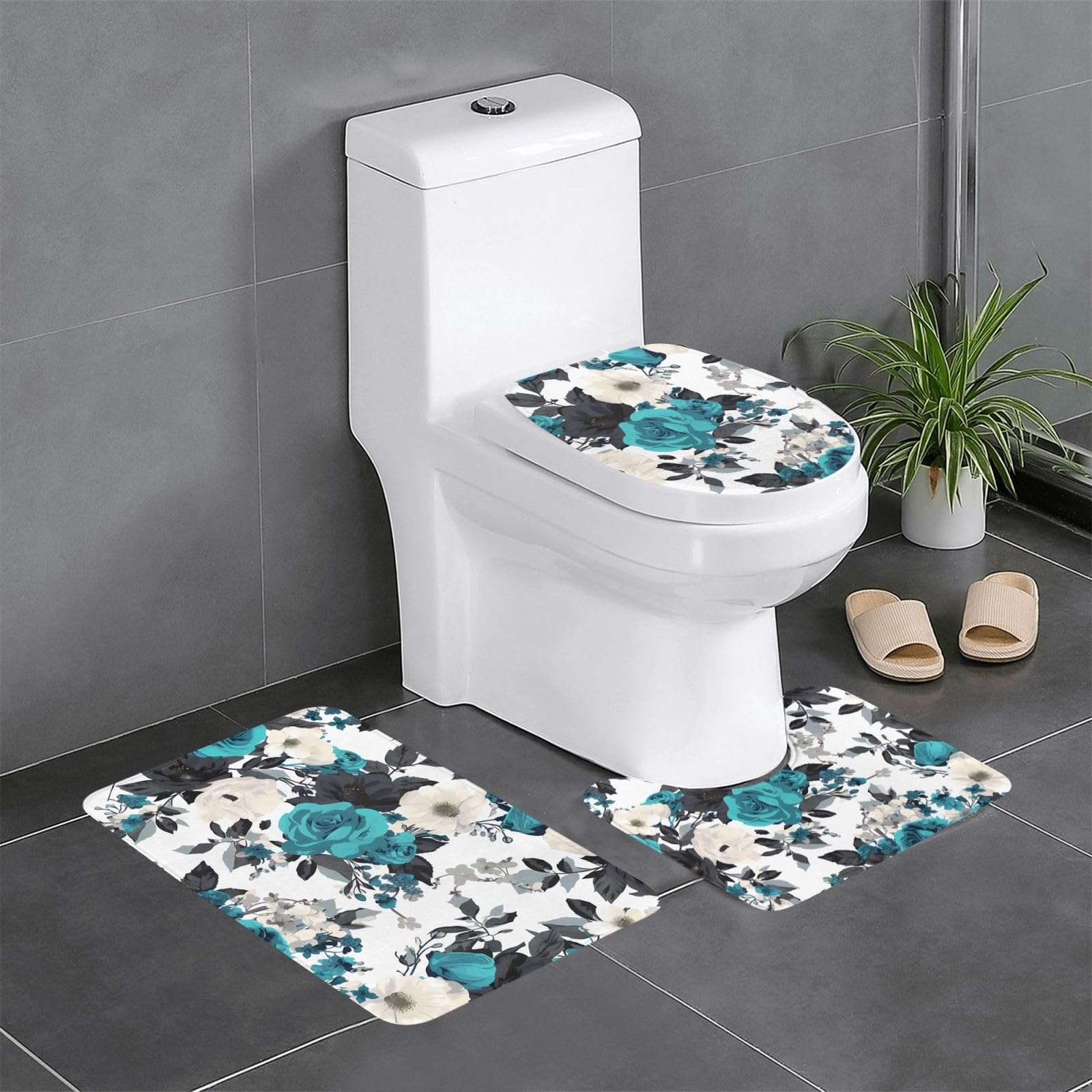 Tapis de salle de bain antidérapants lot de 3 avec motif rose noir et gris