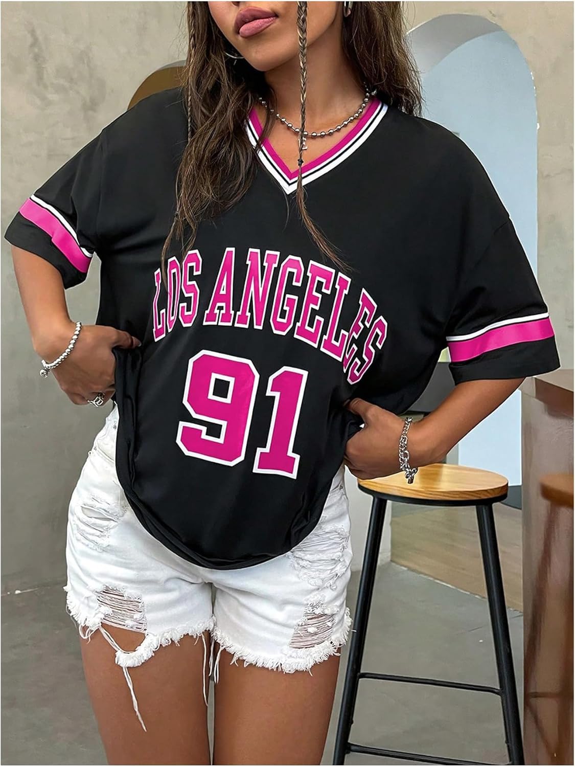 SOLY HUX Women's Oversized Jersey Shirts V Neck Graphic Tees Summer Baggy Blokecore T-Shirt Tops - Image 5