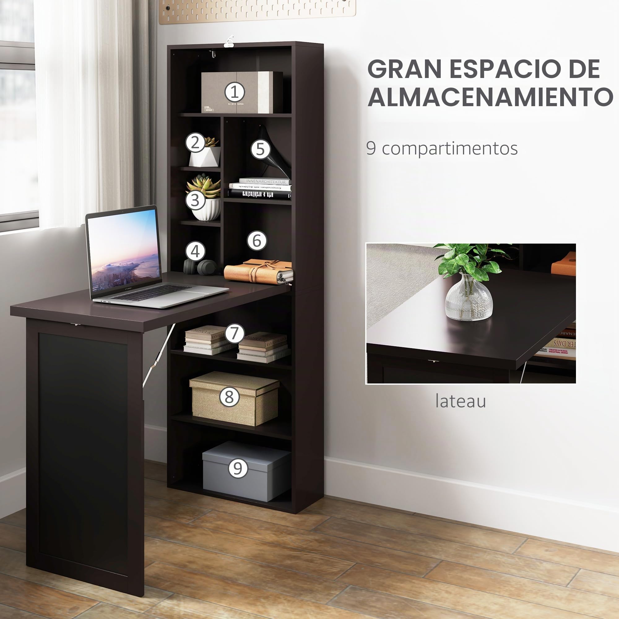 HOMCOM Escritorio Computadora Plegable, Escritorio con Biblioteca, Estación de Trabajo, Mesa Negro, 9 Compartimentos Abiertos y Estante Ajustable, Mesa de Ordenador para Dormitorio, 98 x 51 x 153 cm