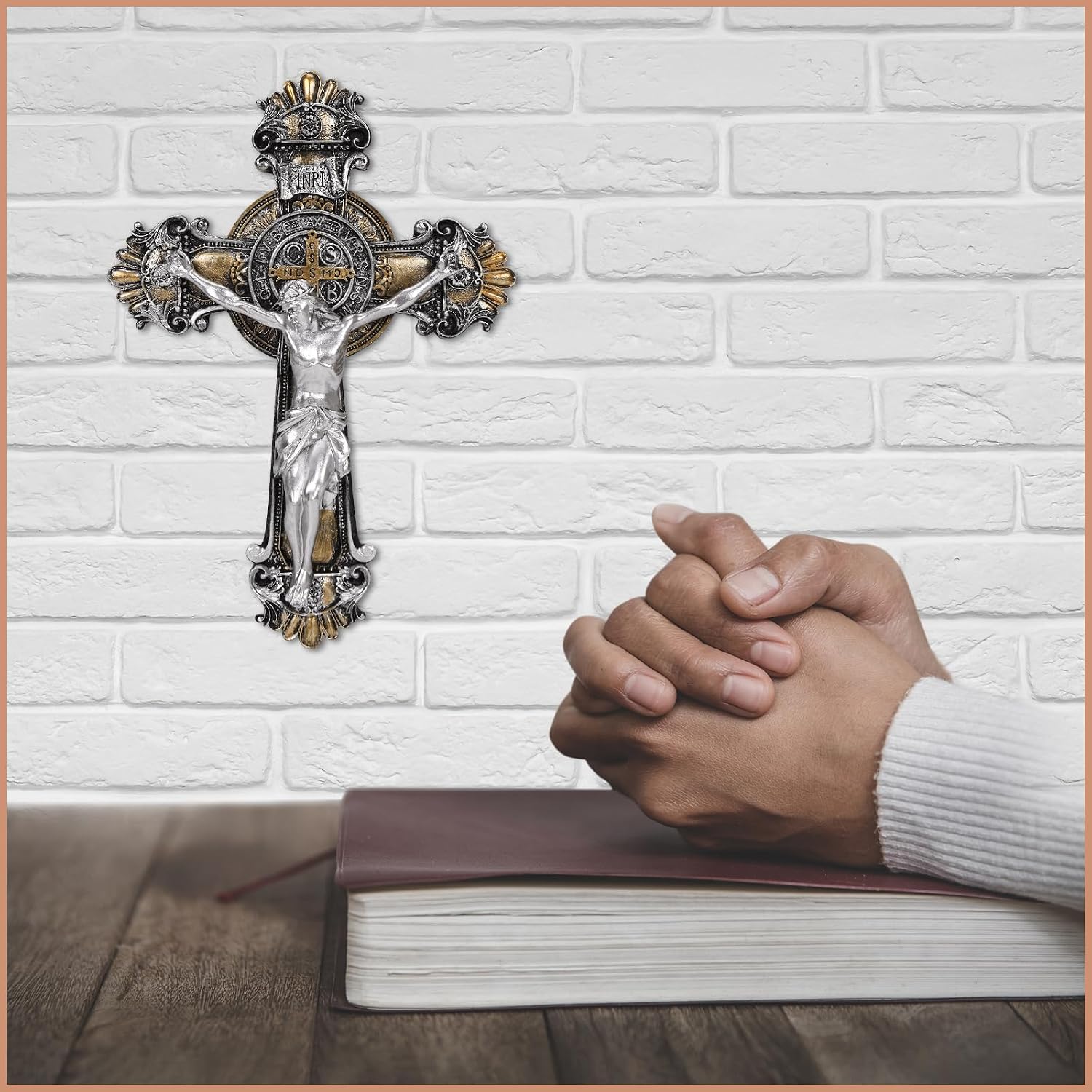 Saint St Benedict Crucifix Medal 2 Tone Wall 10 1/4 Inches, St Benedict Medals Crucifix Wall Cross Large, Hanging Catholic Jesus Christ Cross Wall Decor Religious Gifts, Cruz Del Medalla De San Benito