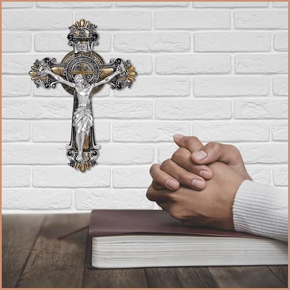 Saint St Benedict Crucifix Medal 2 Tone Wall 10 1/4 Inches, St Benedict Medals Crucifix Wall Cross Large, Hanging Catholic Jesus Christ Cross Wall Decor Religious Gifts, Cruz Del Medalla De San Benito