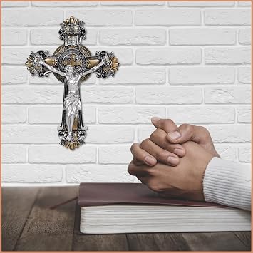 Saint St Benedict Crucifix Medal 2 Tone Wall 10 1/4 Inches, St Benedict Medals Crucifix Wall Cross Large, Hanging Catholic Jesus Christ Cross Wall Decor Religious Gifts, Cruz Del Medalla De San Benito