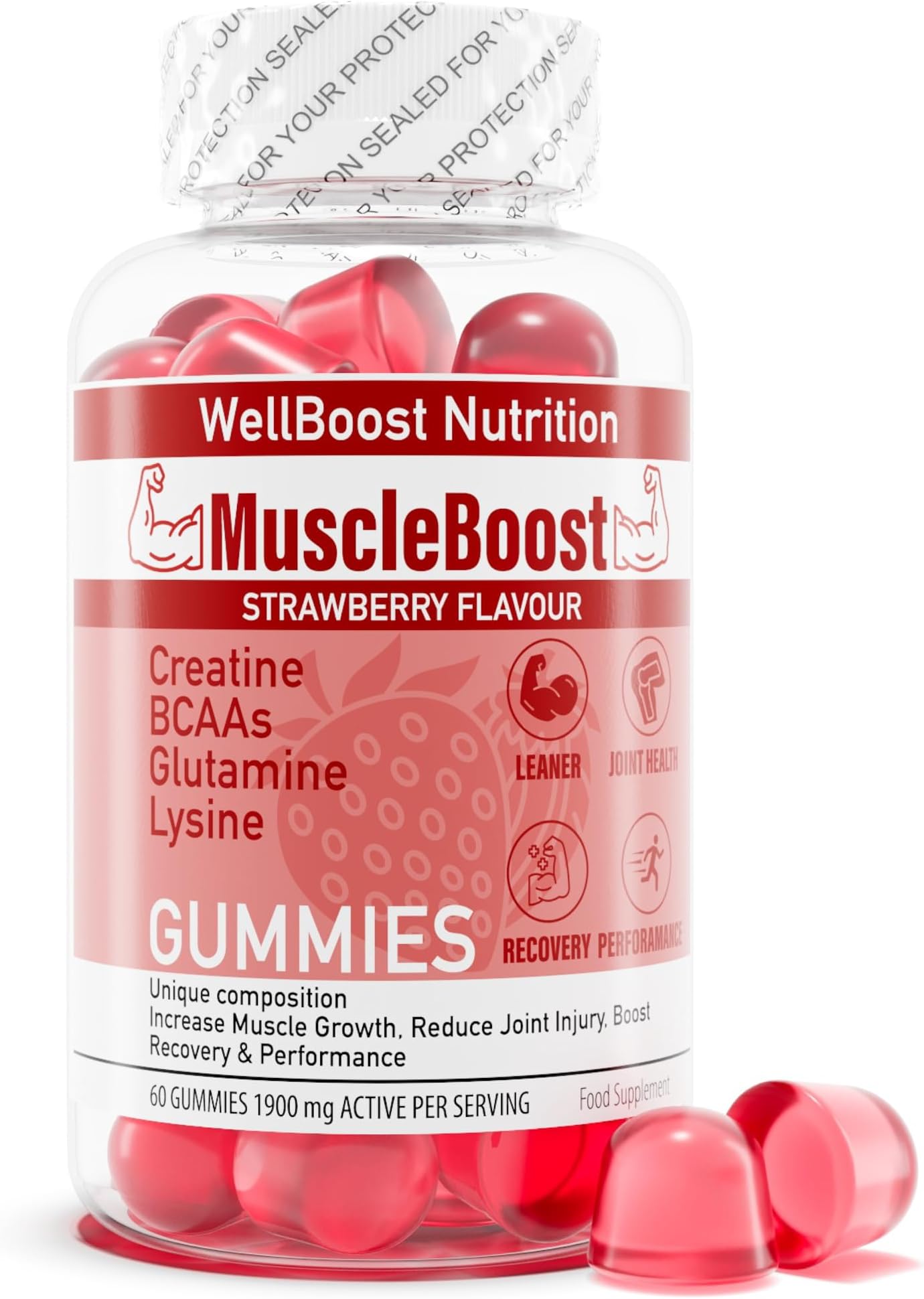 MuscleBoost Gummies – Creatine, BCAAs, Glutamine & Lysine – Muscle Growth, Re...