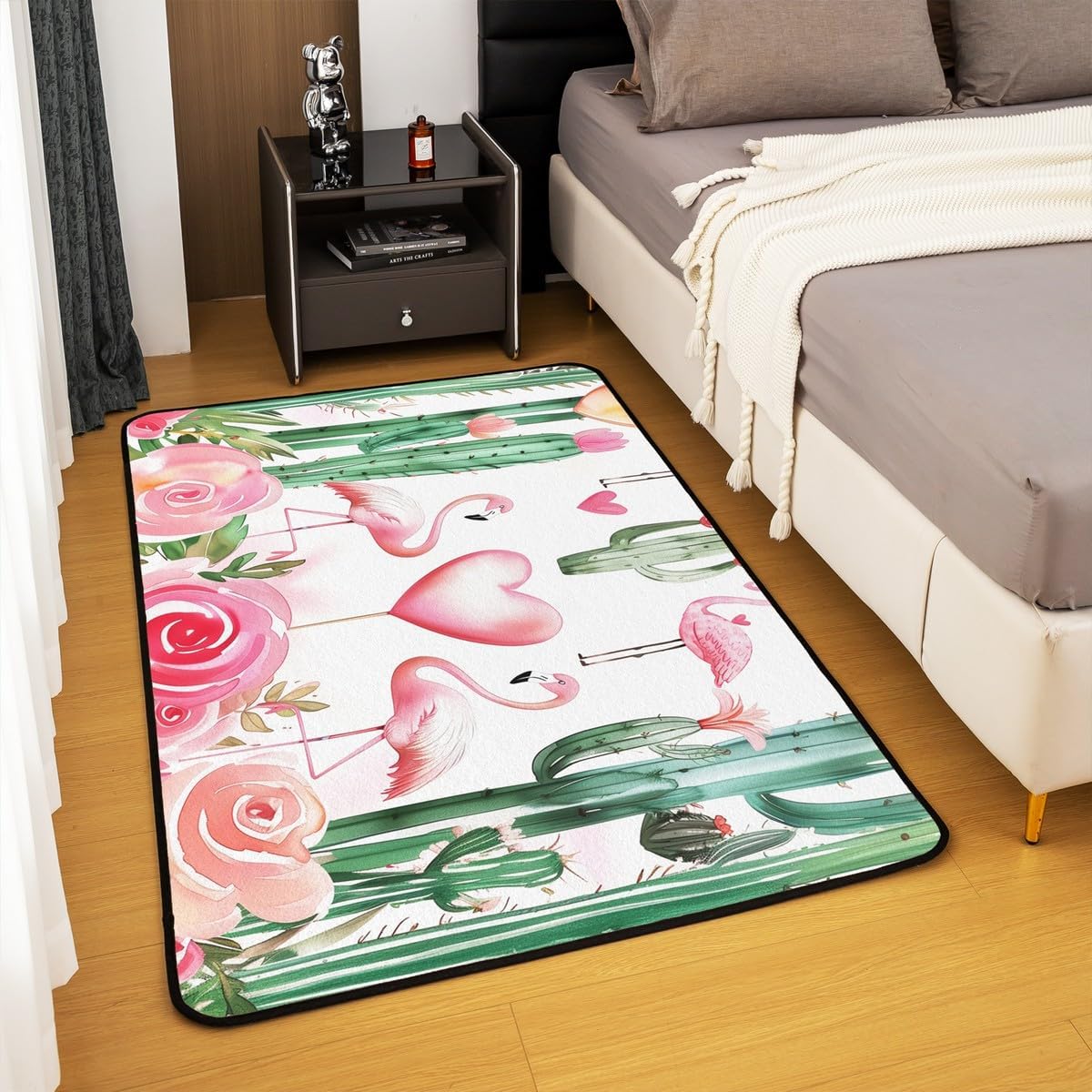 Castle Fairy Pink Flamingo Area Rug 3'x5' Watercolor Cartoon Green Cactus Non Slip Rug for Kids Girls Teens Cartoon Tropical Animal Romantic Rose Hearts Non Shedding Rug for Housewarming