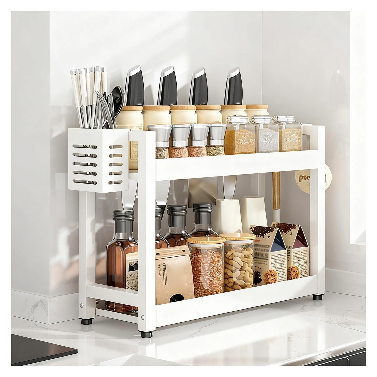 WYQXTY Wall Mount Kitchen Spice Utensil Rack Kitchen Countertop Spice Rack With Hooks & Utensil Holder, Multicolor, Multiple Sizes(White,2 Tier-40cm)