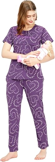 ZEYO Women's Cotton Heart Printed Nursing &amp; Maternity Night Suit Set Of Top &amp; Pajama Set Feeding Night Dress 5798