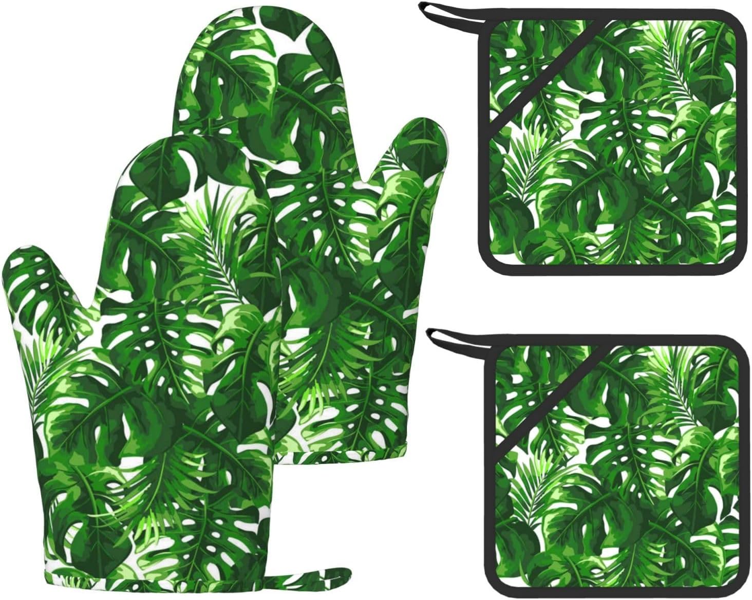 Monstera Deliciosa Banana Palm Oven Mitts and Pot Holders Set of 4 Heat Resistant Kitchen Gloves with Silicone Palm Hot Pads for Baking Cooking Grilling BBQ