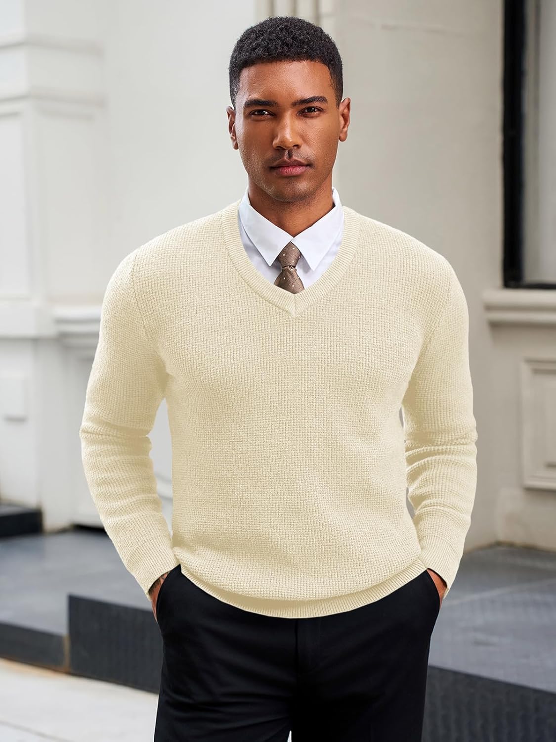 Runcati Mens V Neck Sweater Casual Waffle Knitted Pullover Slim Fit Fall Winter Basic Warm Sweaters - Image 2