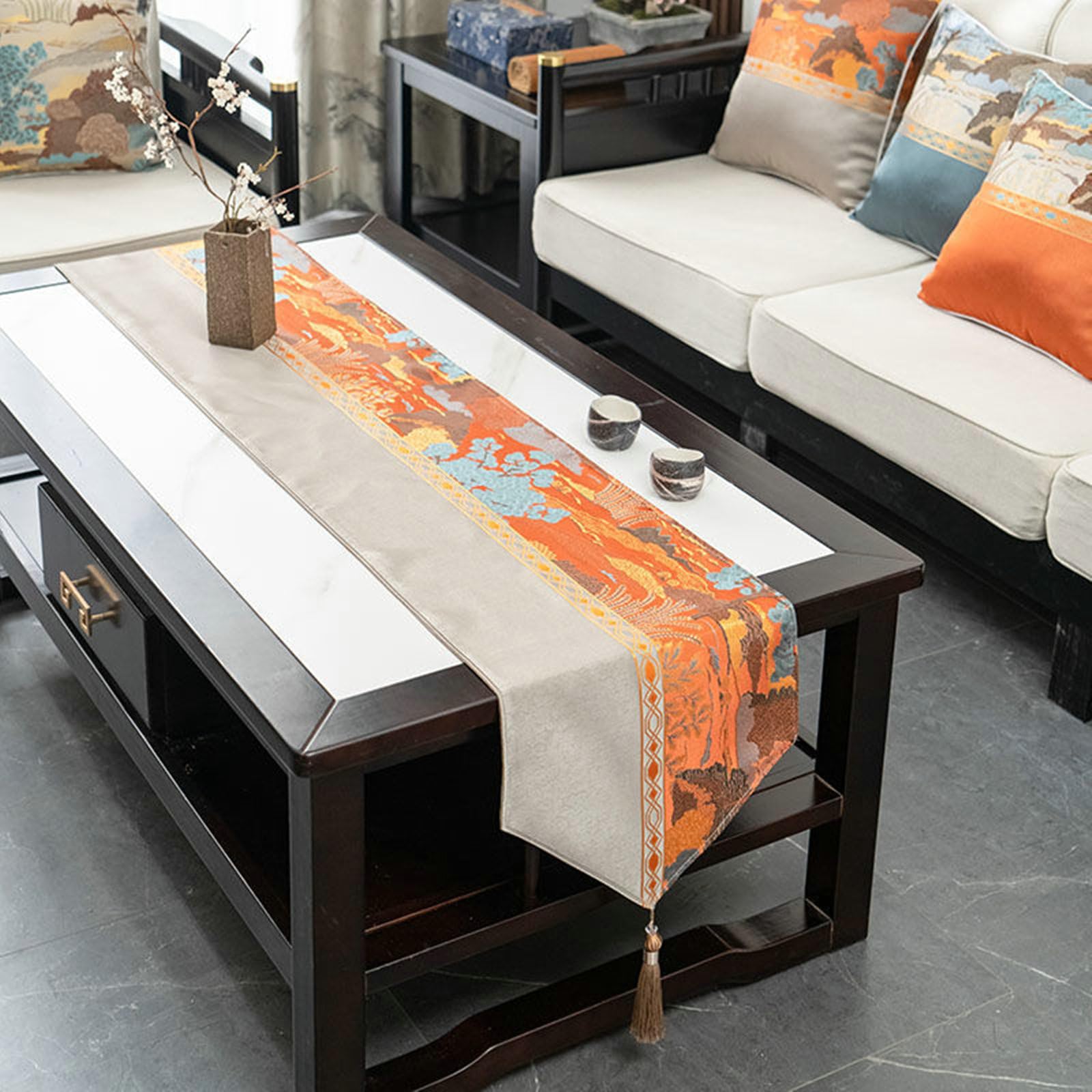 Gualiy Poliester bieżnik na stół 240 cm, motyw zen w stylu chińskim