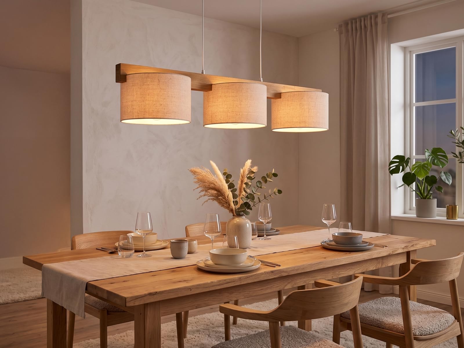 meineWunschleuchte Pendelleuchte mit Holzbalken & Stoff Beige, Breite 100cm, Esstischlampe Holz 3-flammig E27 skandinavisch