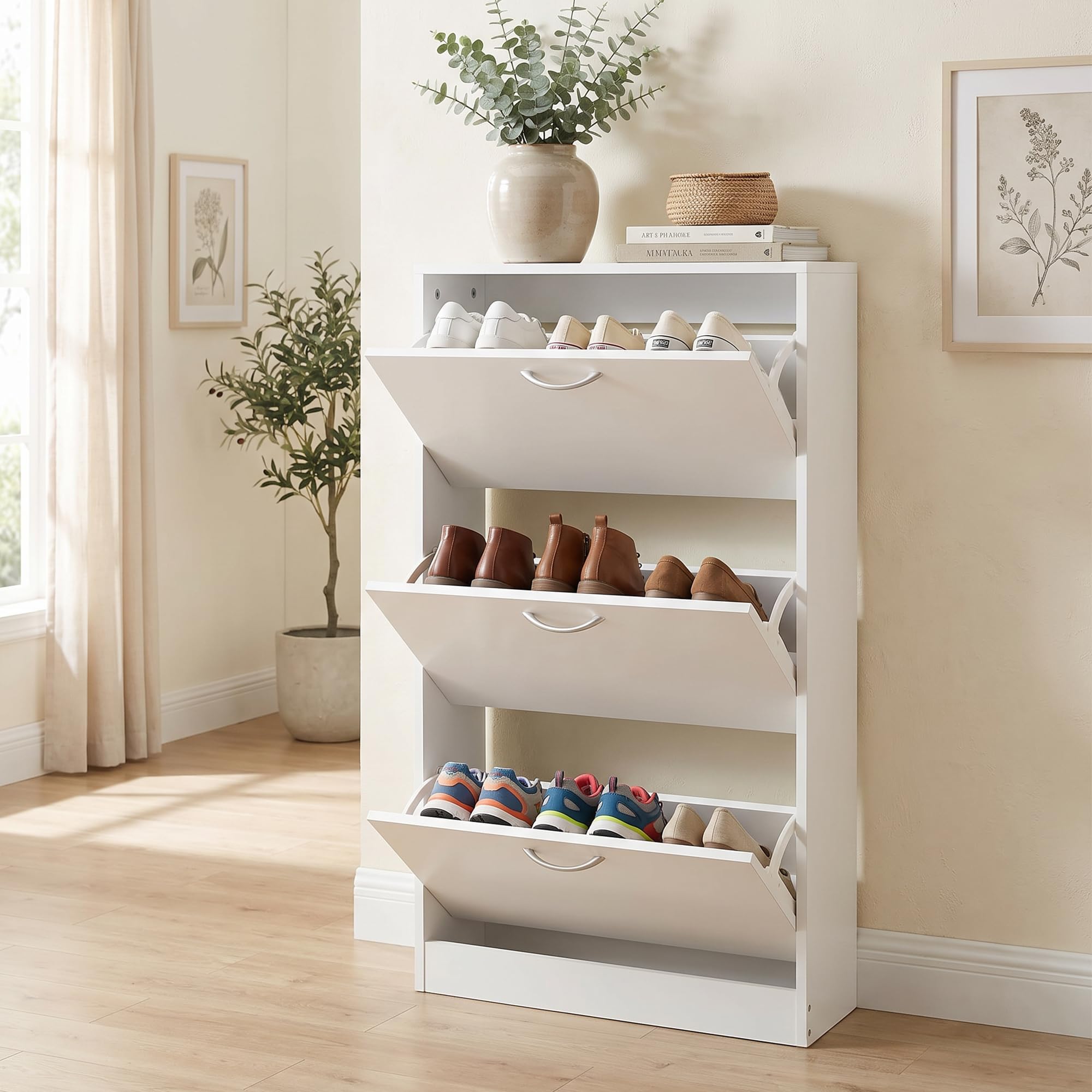 HOPUBUY Shoe Cabinet for Entryway, Narrow Shoe Storage with 3 Flip Drawers | Wood Slim Shoe Rack, 3 Tier Thin Shoe Organizer for Home and Apartment,White