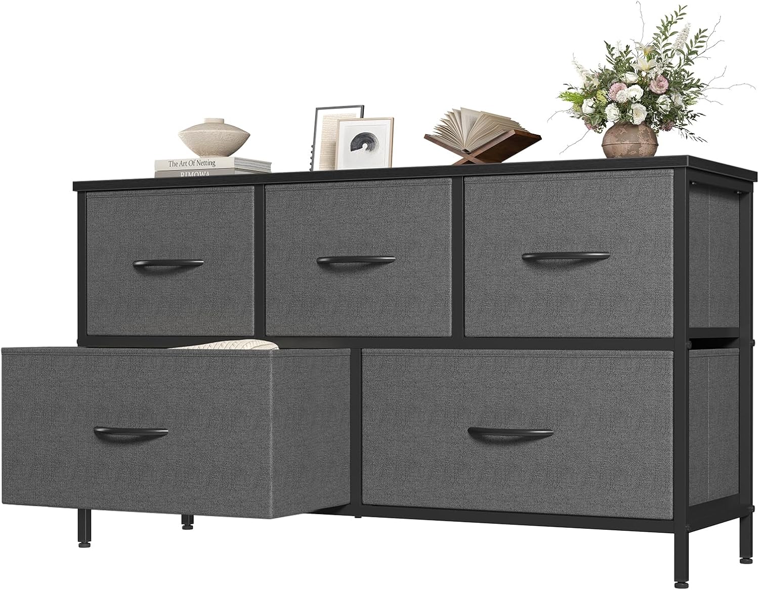 OLIXIS 5 Drawers Dresser for Bedroom, Fabric Storage Tower for Living Room, Entryway, Sturdy Steel Frame, Wooden Top & Easy Pull Fabric Bins
