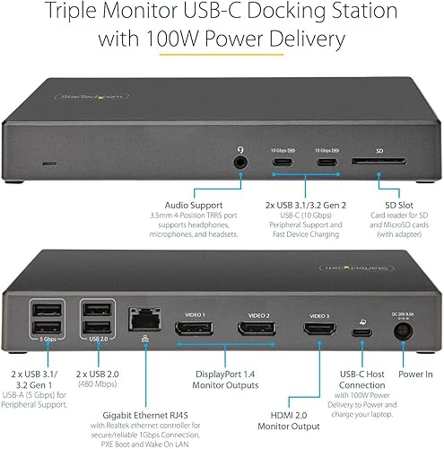Miniatura 2 de StarTech.com Base USB C - Estación de acoplamiento USB tipo C para monitor triple 4K - Entrega de energía de 100 W - Modo Alt DP 1.4 y DSC, 2