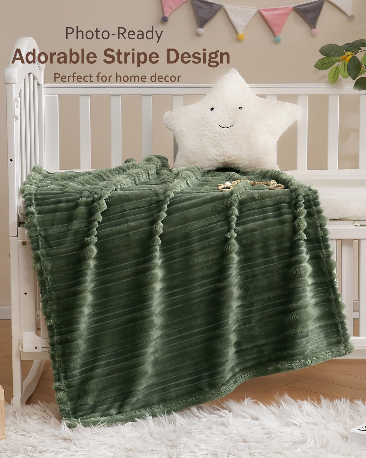HOMRITAR Fleece Blanket for Baby Fuzzy Fluffy Warm and Lightweight Reversible Stripes Design Toddler Bed Blanket for Nursery Home Decor, 30 x 40 Inches, Forest Green - Image 4