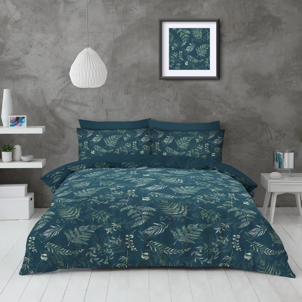 Microfibre Reversible Duvet Cover Set with Pillowcases - Breathable & Hypoallergenic Quilt Cover Set - Floral Leaves Botanical Geometric Check Bedding Sets (Winter Leaf, Double)
