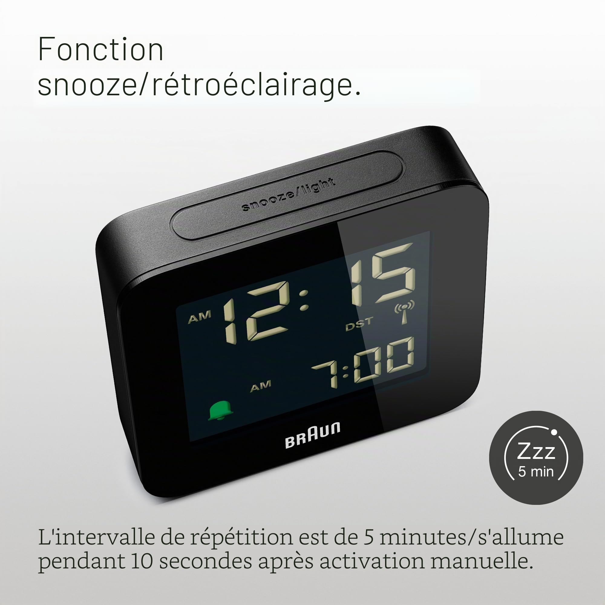 Braun Réveil numérique radiocommandé pour Le Fuseau horaire de l’Europe Centrale (DCF) avec Fonction Snooze, écran LCD négatif, réglage Rapide, bip de l’Alarme en Crescendo, en Noir, modèle BC09B-DCF