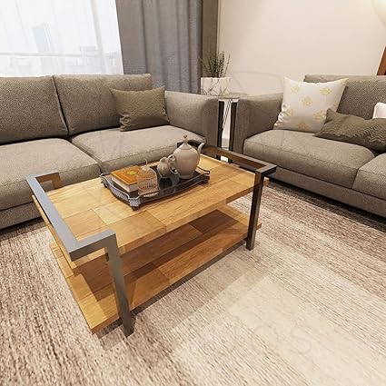 Ventuos-Solid Wooden 2 Layer Medium Size Coffee Table with Metal Frame Sofa Side Coffee Tables Perfect for Indoor (Need to Assemble)