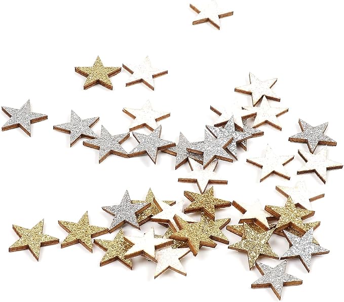 Oblique Unique® Holz Streudeko Weihnachtsmotive Winter Glitzer Tisch Deko für Advent Weihnachten Weihnachtsdeko (Glitzersterne)