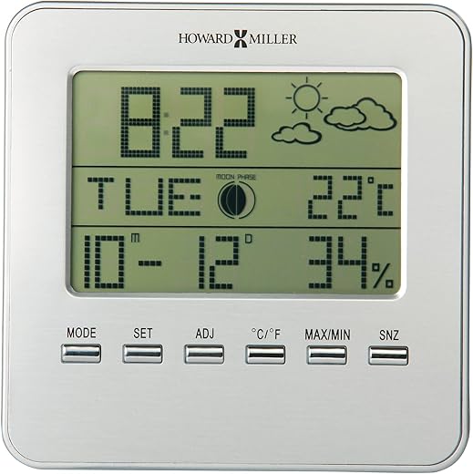 Howard Miller Weather View Tabletop Clock – Multi Function Silver Desk Clock with Indoor