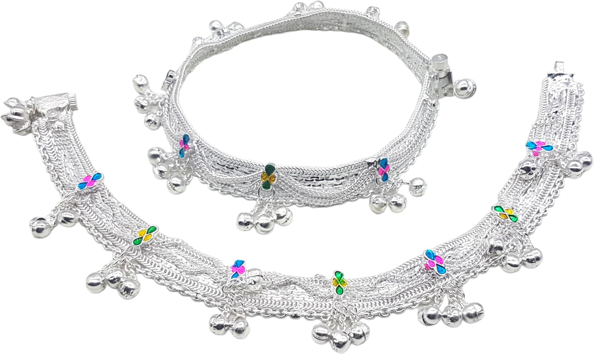 SamyukthaHeavy White Metal payal With Gungharu And beautiful Gota Pati For Women (pack of 2), Medium, Silver, SM-anklet14, M, Metal, no gemstone