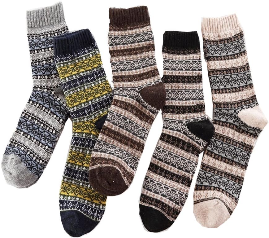 Men's Wool Socks 5 Pairs-Winter Thick Warm Crew Socks. (Pattern 3)