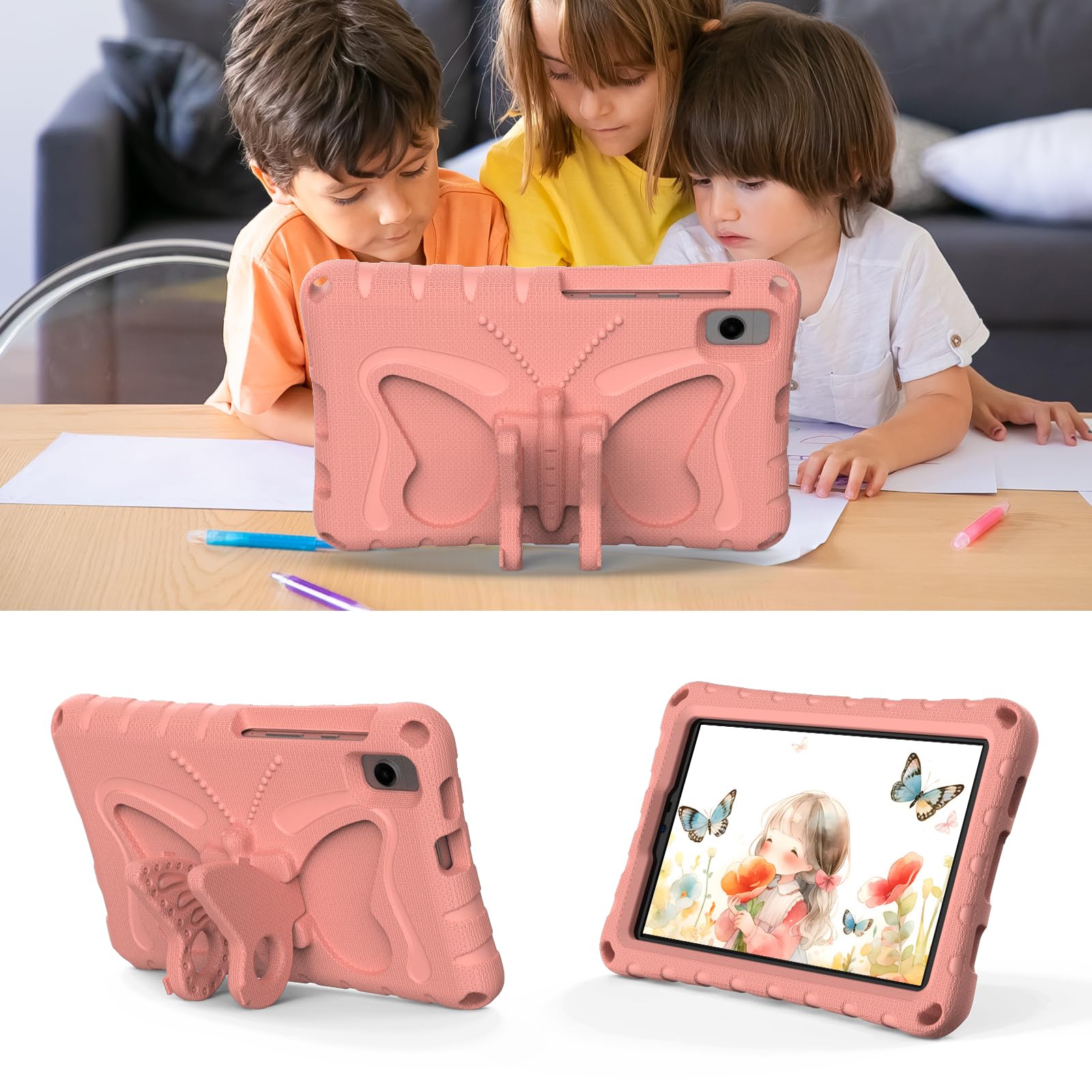 Custodia per bambini compatibile con Lenovo Tab One 8,7"/K9 TB305FU (2025), leggera, antiurto, in EVA robusta, custodia protettiva con tracolla, graziosa custodia a farfalla, rosa