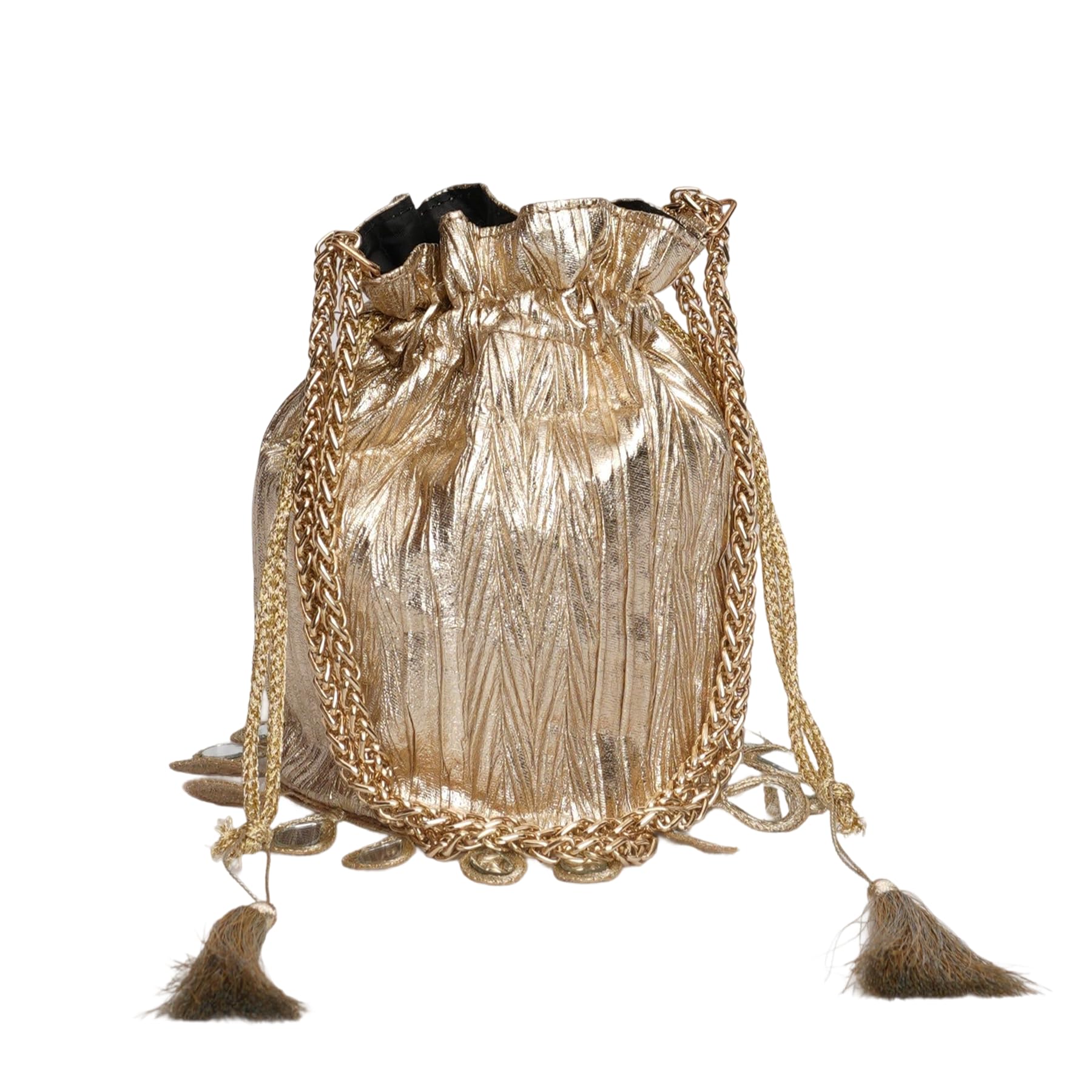 Women’s Crinkled Metallic Faux Leather Potli Bag for Wedding, Party & Festive Occasion | Drawstring Ethnic Clutch Handbag | Golden-image-35