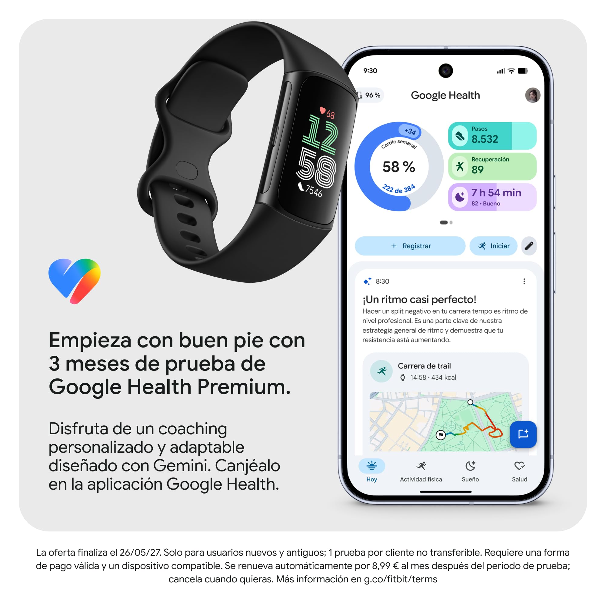 Google Fitbit Charge 6 Pulsera de actividad, 7 días de batería, Google Wallet y Maps, Obsidiana/Aluminio Negro