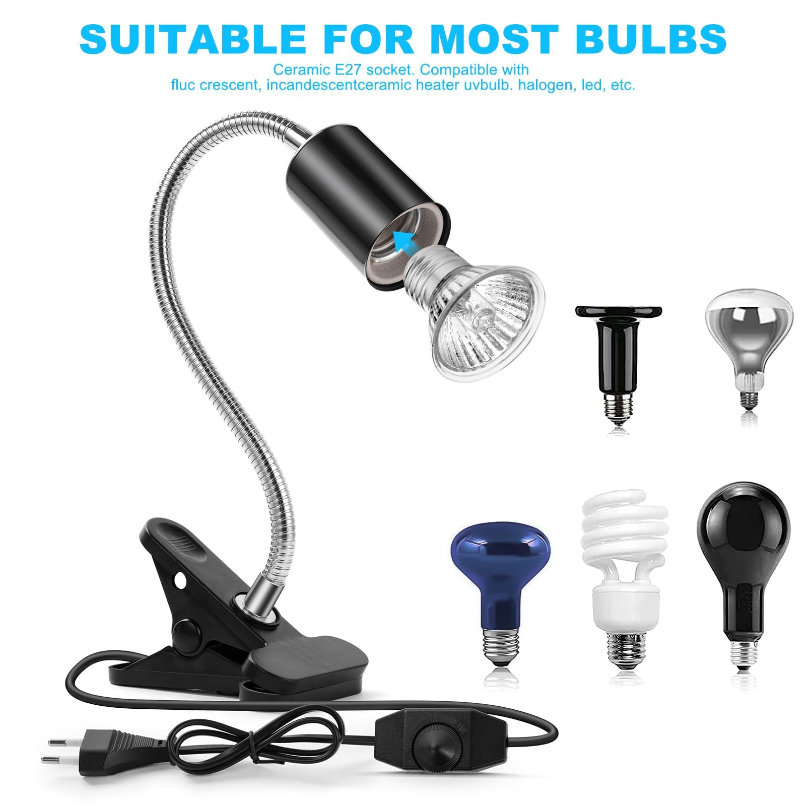 Lampada Tartarughe con 1 Portalampada E27 e 2 50W Lampadine UVA UVB a Punto Basking e Morsetto Girevole a 360° per Rettili, Tartaruga, Serpente, Lucertola, Camaleonte