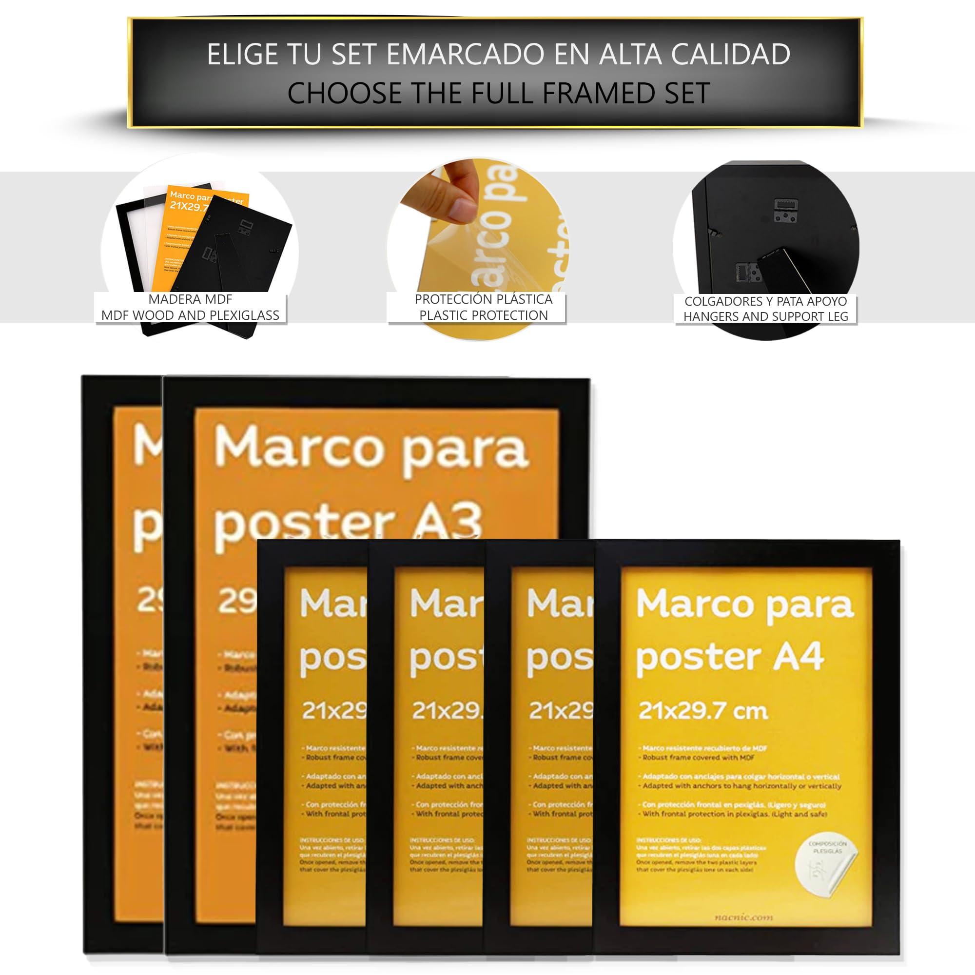 Nacnic Set da 6 Film per bambini Poster con cornice con illustrazioni di design per decorare le pareti di casa Stanza, ufficio A3 e A4 Struttura in legno chiaro