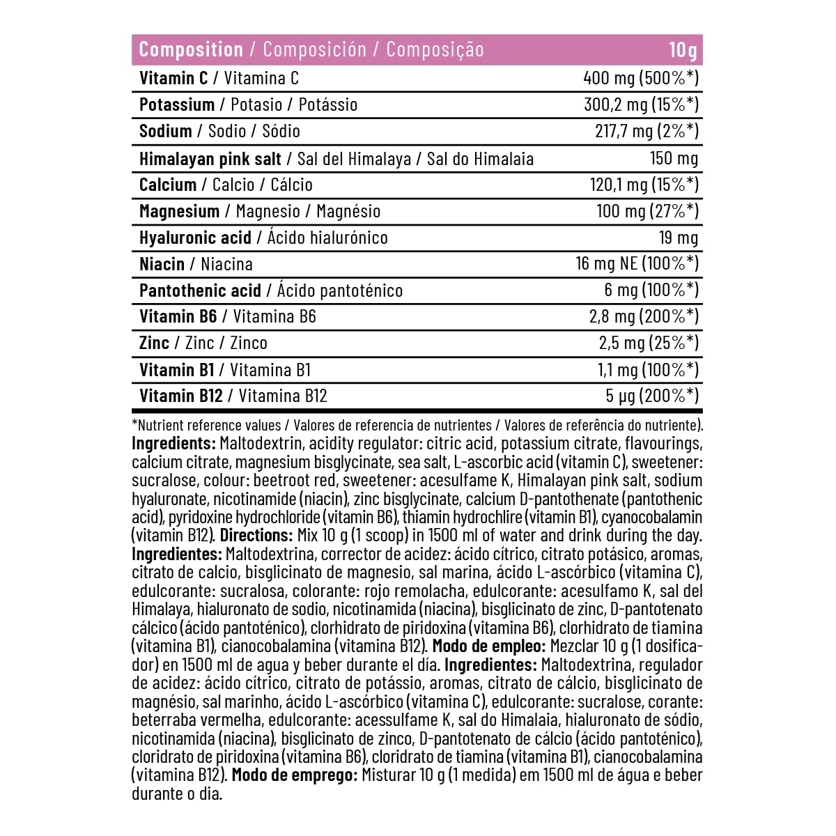 DMI Innovative Nutrition ACTIVE Bebida de Electrolitos 300g - 6 Vitaminas, 5 Minerales, Sal del Himalaya, Ácido Hialurónico - 30 Porciones (Pink Lemonade)