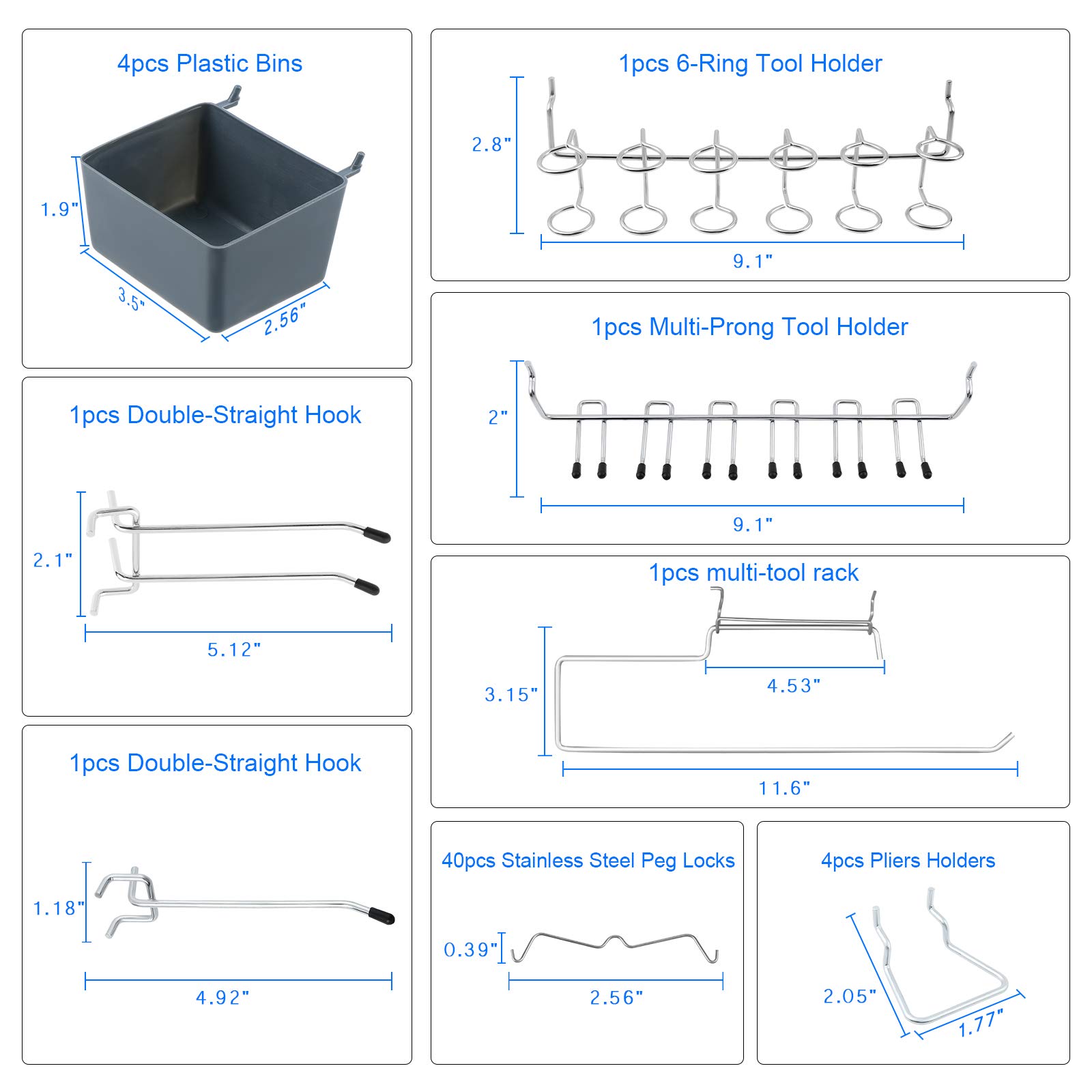 113pcs Pegboard Hooks Surtido, Peg Board Hook Attachments Conjunto y organización Storage Tienda Tools, para Organizar Varias Herramientas
