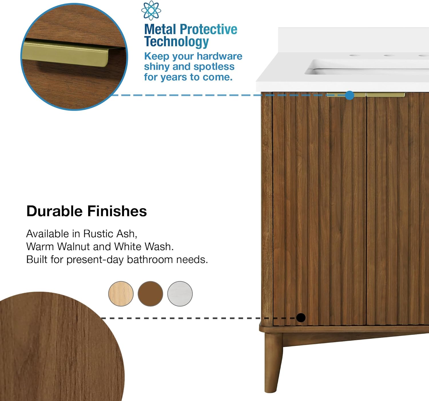 Close-up of the brushed gold handle and fluted cabinet detail on the OVE Decors Indy vanity.