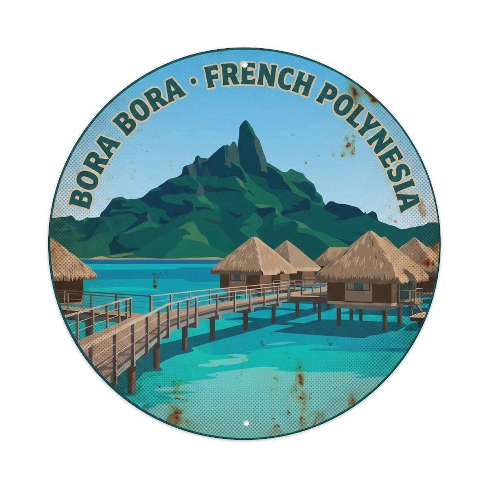 Olhnbad Style Lagoon Bungalow Borabora Otemanu Teal Retro Metal Tin Sign