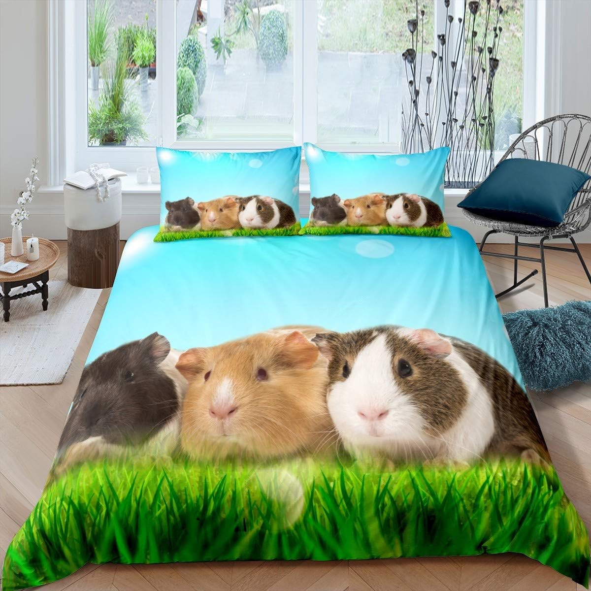 Tbrand Girls’ Guinea Pig Duvet Cover Set, Cute Cavy Bedding Set, 135 x 200 cm, for Children, Boys, Grassland, Beautiful Pets, Animal Decor, Bed Set, Natural, Blue, Green, Microfibre with 1 Pillowcase