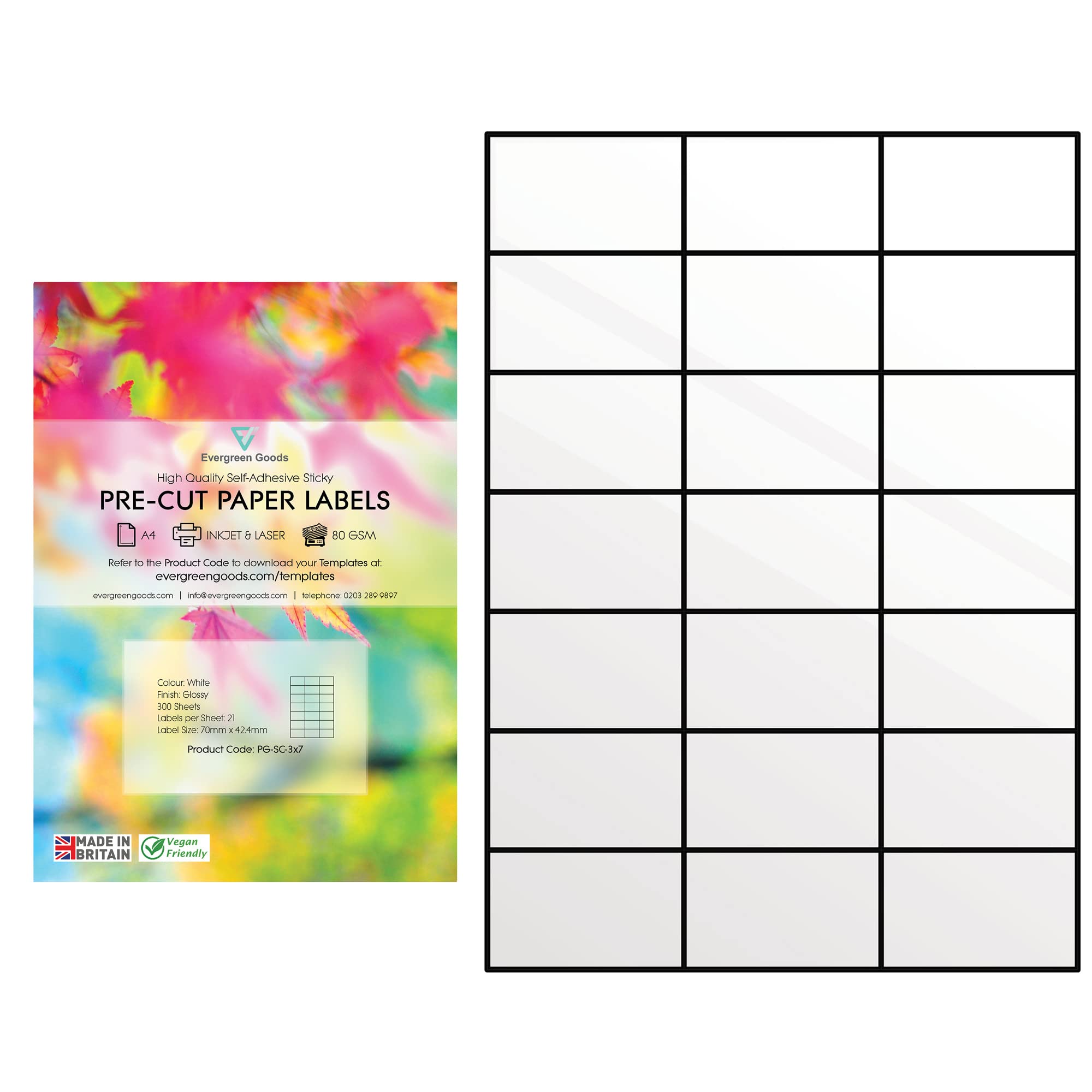 Evergreen Goods A4 Weisses Vorgeschnittenes Drucketiketten | 300 Blatt | Selbstklebend, glänzend, starke Papier-Rückseite für Tintenstrahl- und Laserdrucker, Mehrzweck, 14 pro 7,8x17,8cm