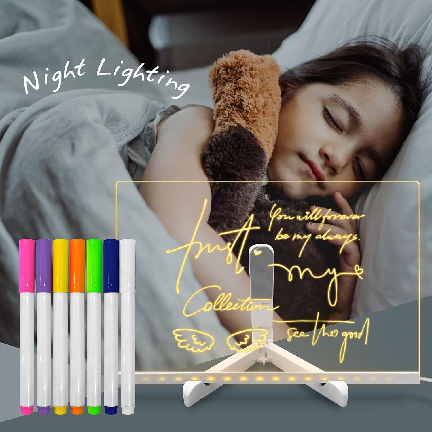 LED Note Board with Color Message Dry Erase Board with Light Up Stand Warm White Dimming 7 Color Markers Painting Kid Bedroom Dormitory Coffee Bar Decoration(7.8 * 11 inch)