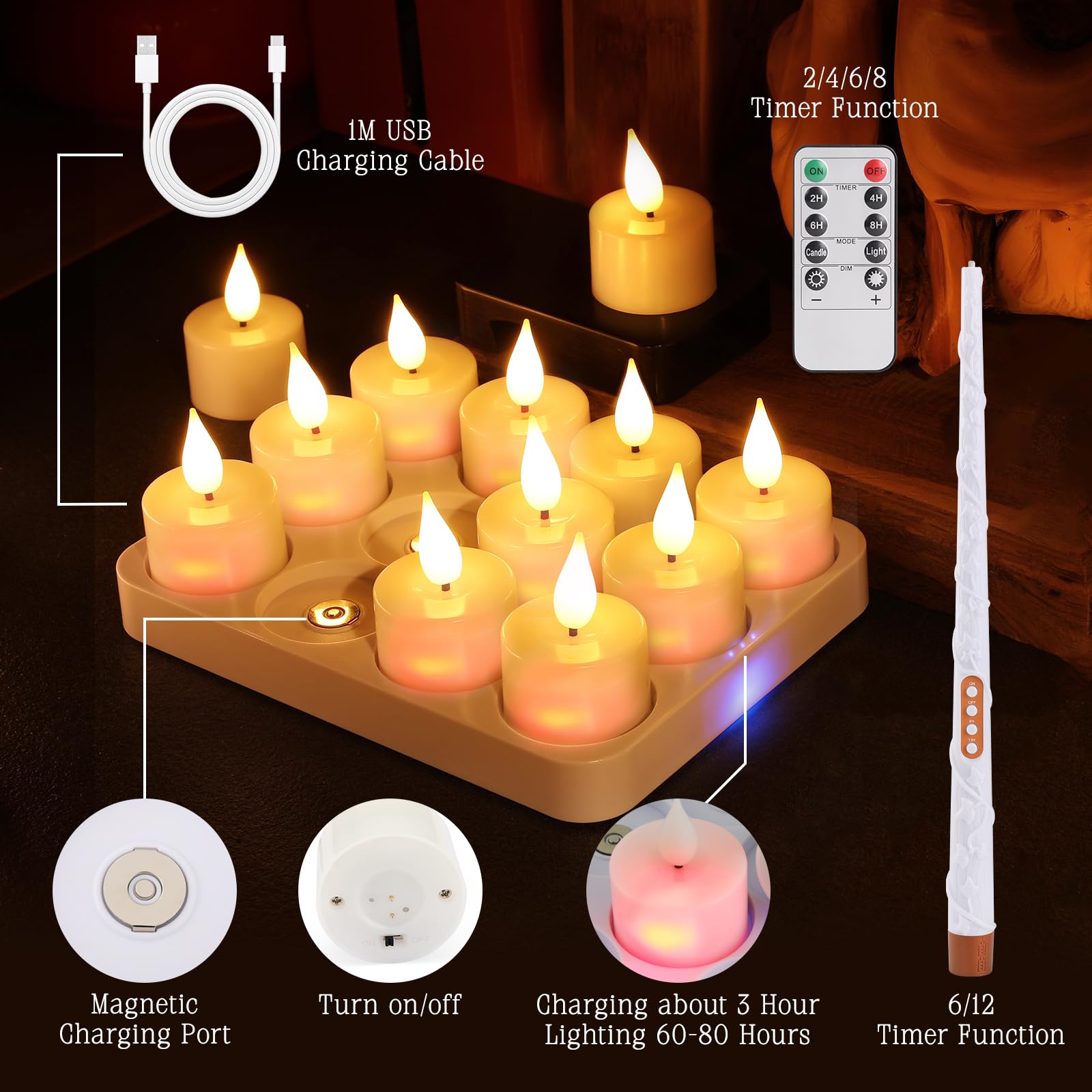 KIKILIVE Rechargeable LED Candles Tea Lights Flickering with Magic Wand Remote Control Timer - Image 4